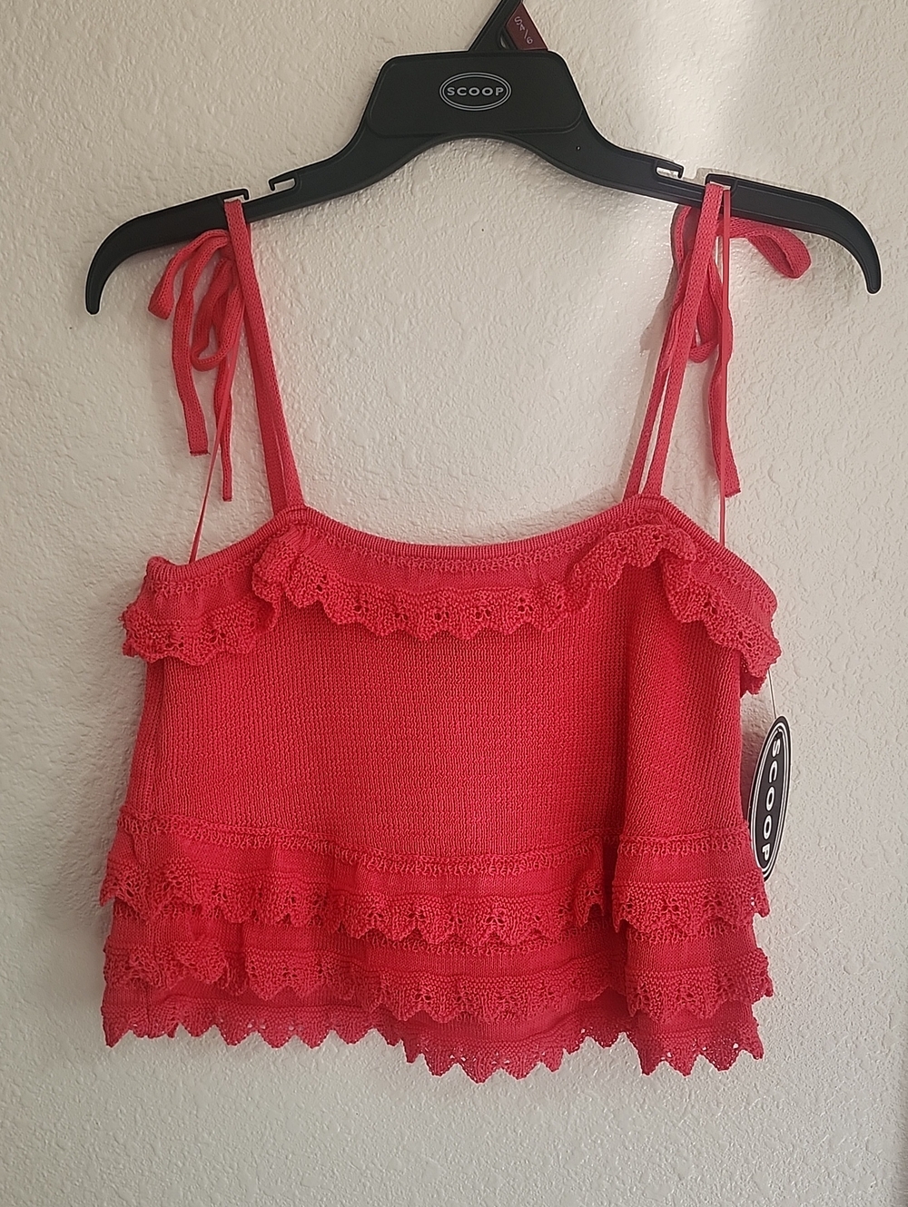Scoop Coral Tie-Shoulder Ruffle Crochet Camisole